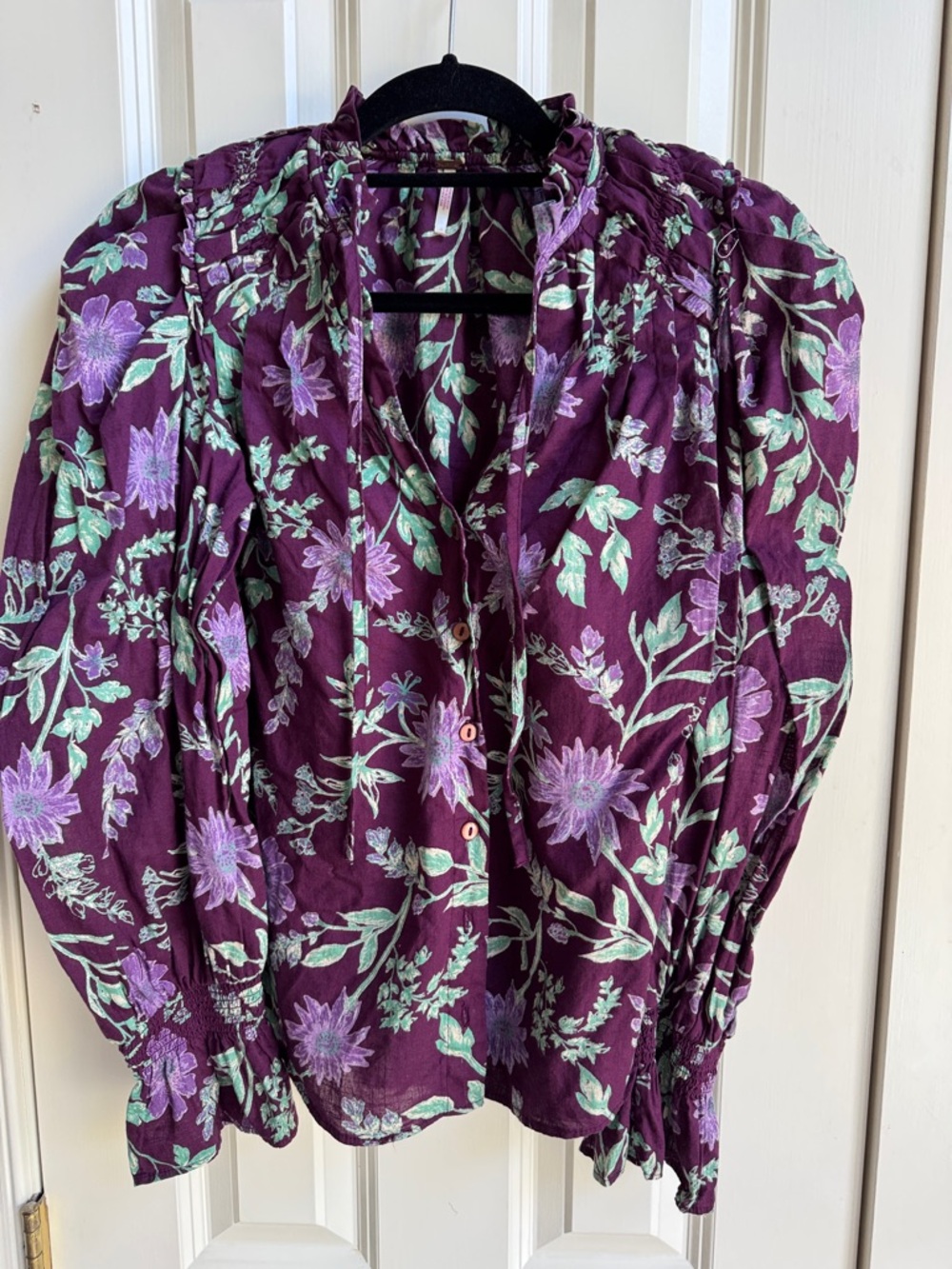 Free People Plum Floral Cotton Blouse XS Puff Sleeve Button Front Top